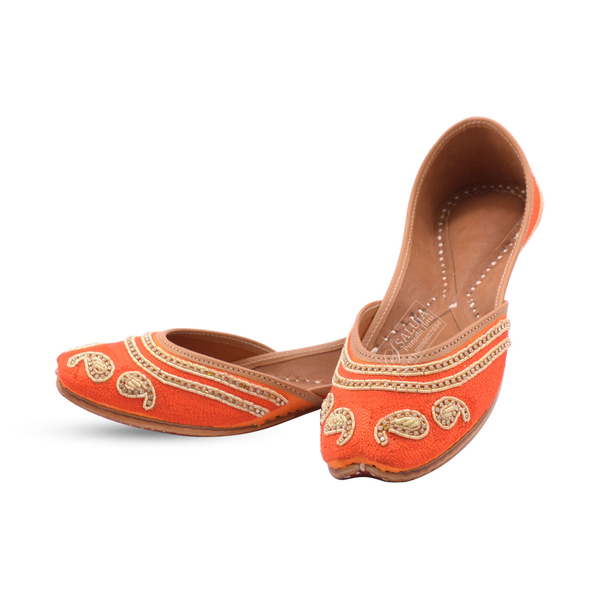 Designer Leather Jutti - Size 36-41, Orange Color With Extra Padding And Elegant Golden Embroidery, Comfortable Flat Sole For All Seasons