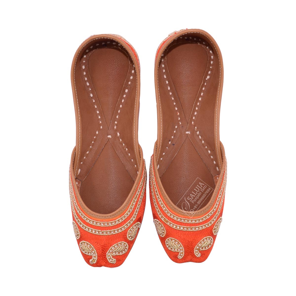 Designer Leather Jutti - Size 36-41, Orange Color With Extra Padding And Elegant Golden Embroidery, Comfortable Flat Sole For All Seasons