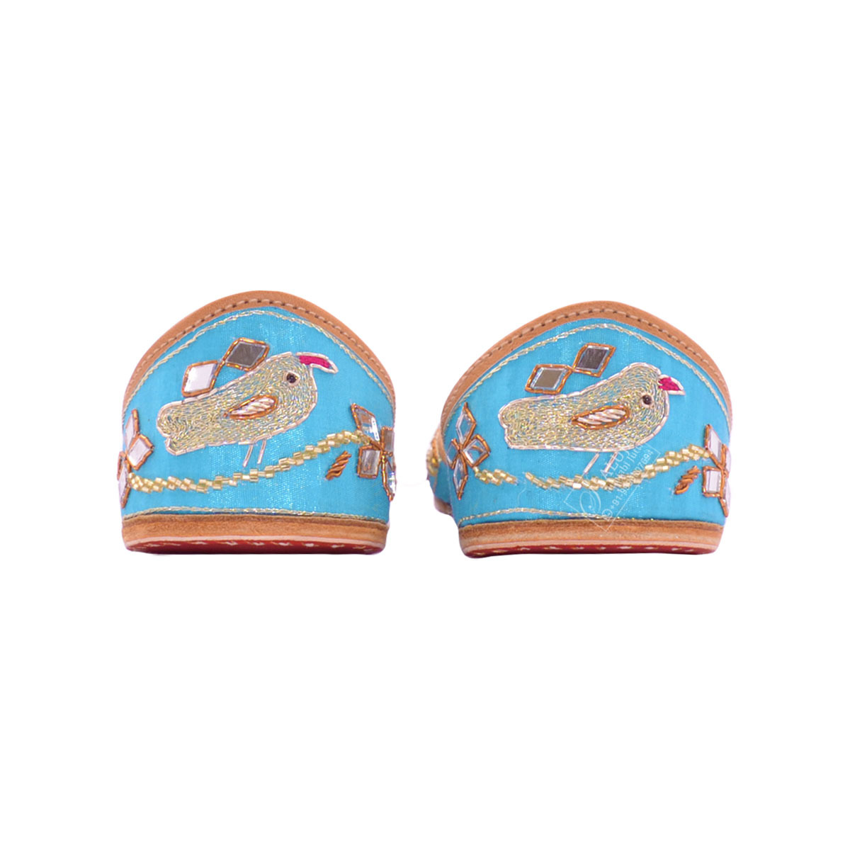 Designer Punjabi Jutti - Leather Upper, Canvas Insole, Sky Color With Mirror Work | Comfortable Flat Heel, Custom Sizes Available, Ideal For All Seasons