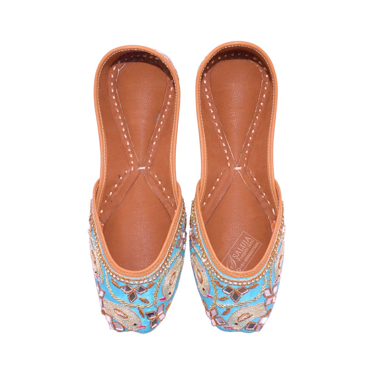 Designer Punjabi Jutti - Leather Upper, Canvas Insole, Sky Color With Mirror Work | Comfortable Flat Heel, Custom Sizes Available, Ideal For All Seasons