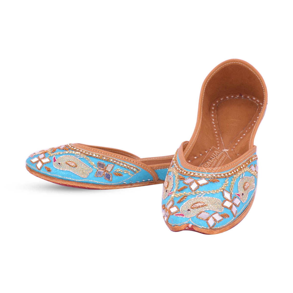 Designer Punjabi Jutti - Leather Upper, Canvas Insole, Sky Color With Mirror Work | Comfortable Flat Heel, Custom Sizes Available, Ideal For All Seasons