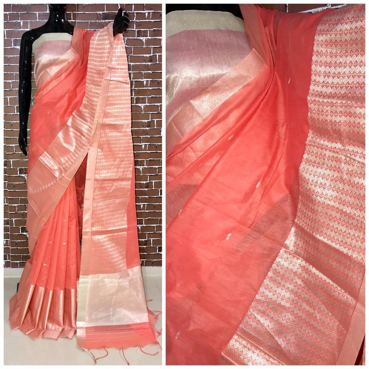 Handloom Saree - Handloom Linen Fabric, 6.30 Mtr Length With Blouse, Trendy Color With Silver Zari Woven Pallu And Royal Tassels, Traditional Tunic Style