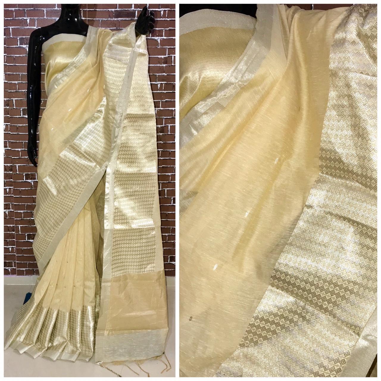 Handloom Saree - Handloom Linen Fabric, 6.30 Mtr Length With Blouse, Trendy Color With Silver Zari Woven Pallu And Royal Tassels, Traditional Tunic Style