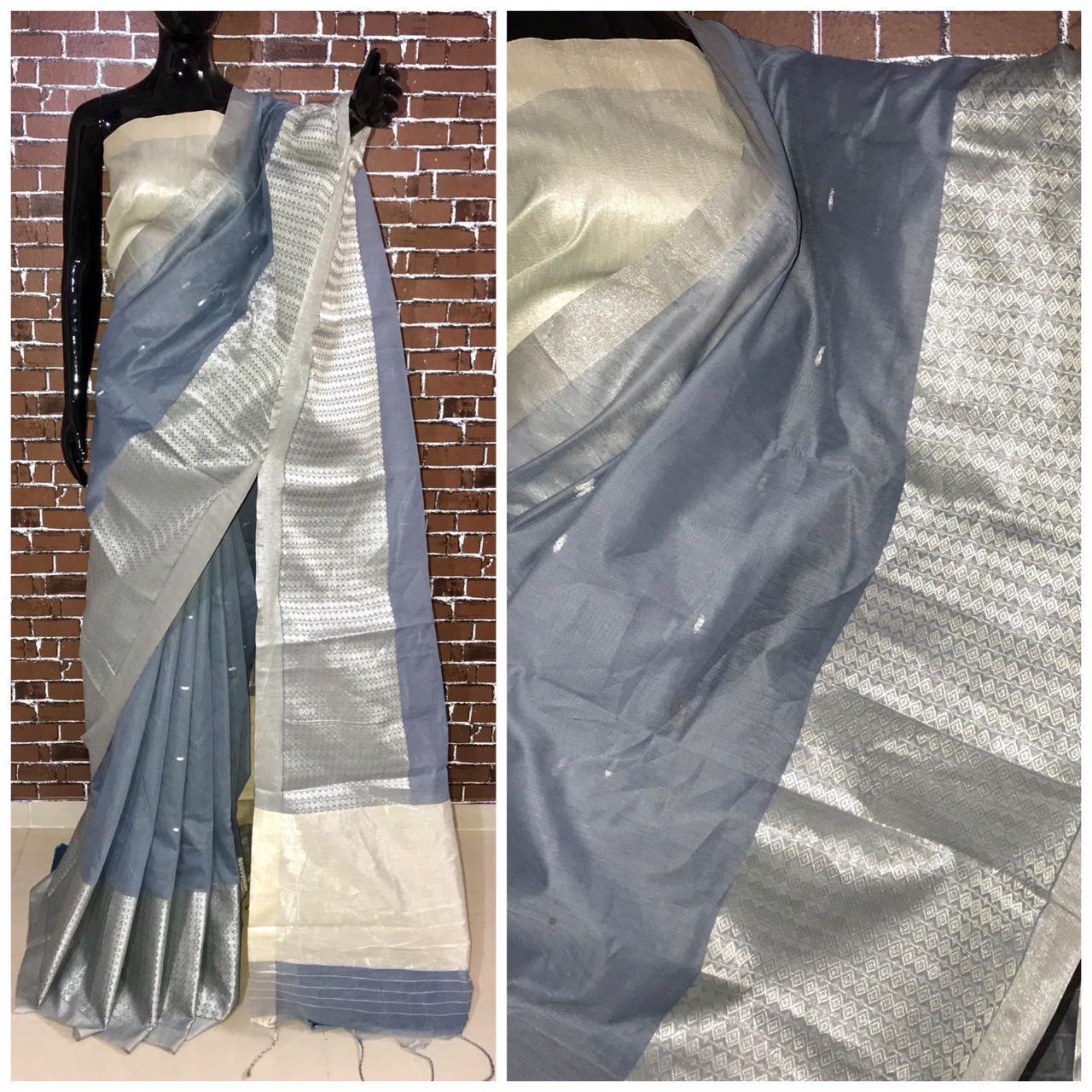 Handloom Saree - Handloom Linen Fabric, 6.30 Mtr Length With Blouse, Trendy Color With Silver Zari Woven Pallu And Royal Tassels, Traditional Tunic Style