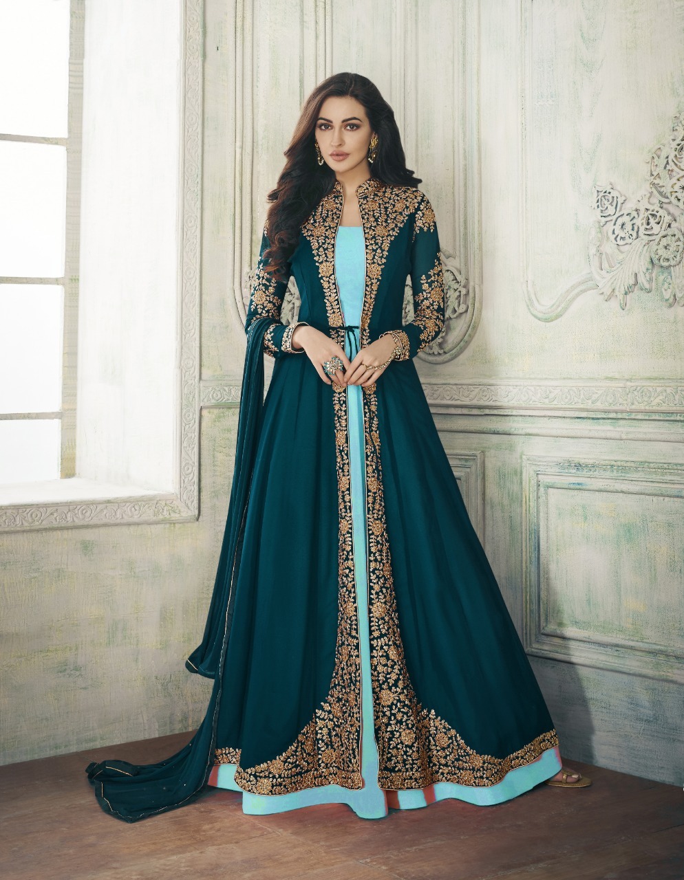 All Designer Anarkali Suit With Embroidered Shrug