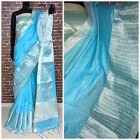 Linen Saree - Handloom Linen Fabric, 6.30 Meters Length With Blouse, Trendy Color With Silver Zari Woven Pallu, Royal Tassels & Rich Border