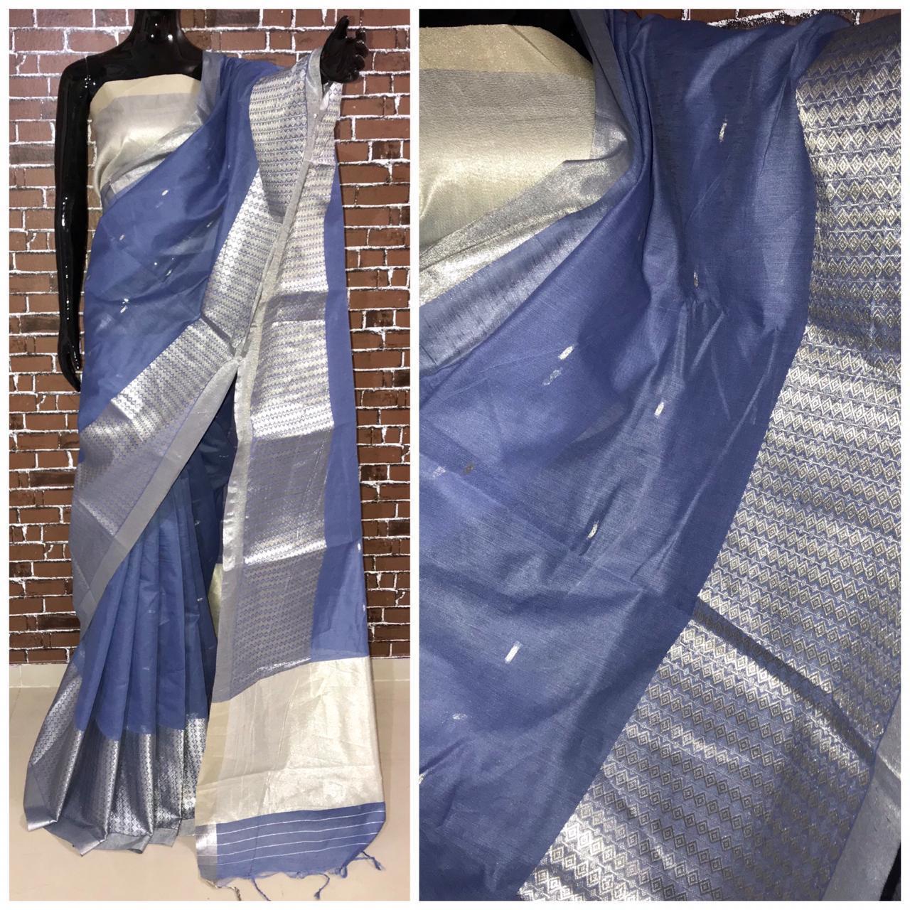 Linen Saree - Handloom Linen Fabric, 6.30 Meters Length With Blouse, Trendy Color With Silver Zari Woven Pallu, Royal Tassels & Rich Border