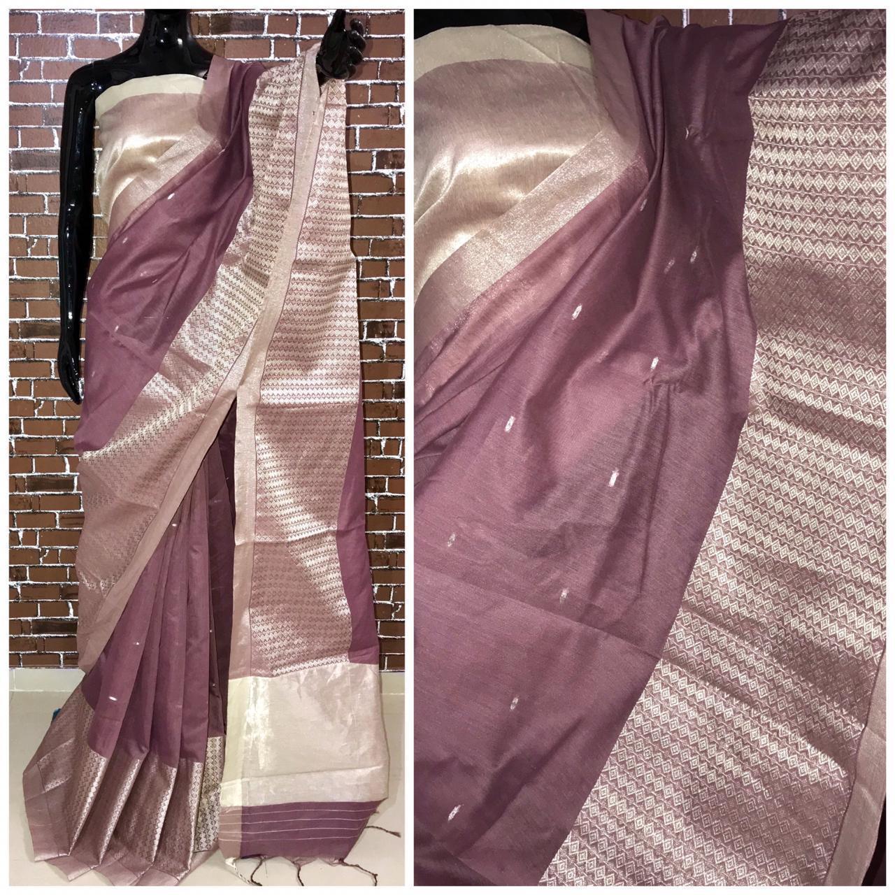 Linen Saree - Handloom Linen Fabric, 6.30 Meters Length With Blouse, Trendy Color With Silver Zari Woven Pallu, Royal Tassels & Rich Border