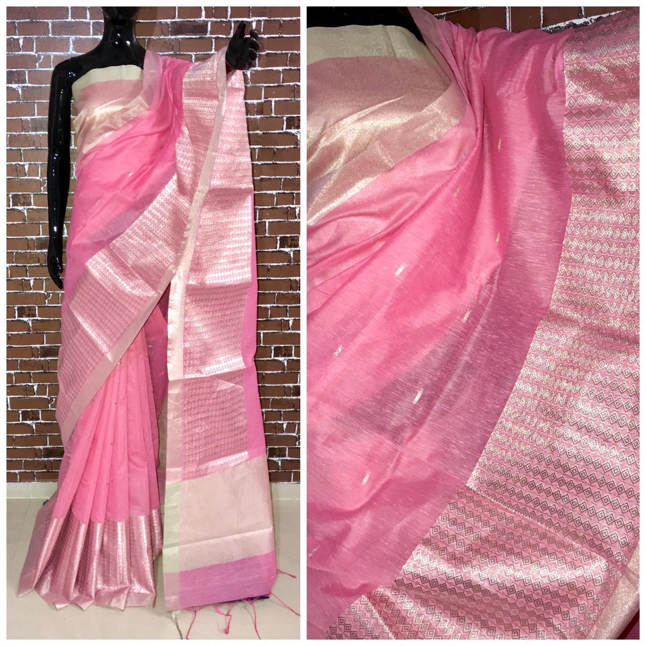 Linen Saree - Handloom Linen Fabric, 6.30 Meters Length With Blouse, Trendy Color With Silver Zari Woven Pallu, Royal Tassels & Rich Border