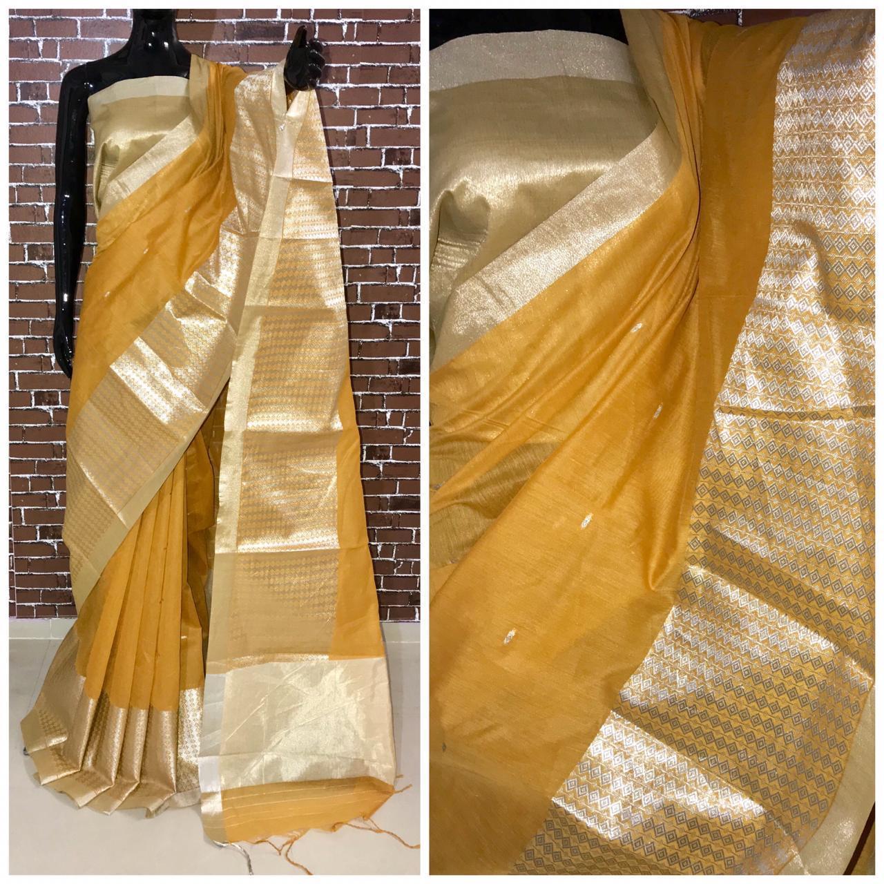 Linen Saree - Handloom Linen Fabric, 6.30 Meters Length With Blouse, Trendy Color With Silver Zari Woven Pallu, Royal Tassels & Rich Border