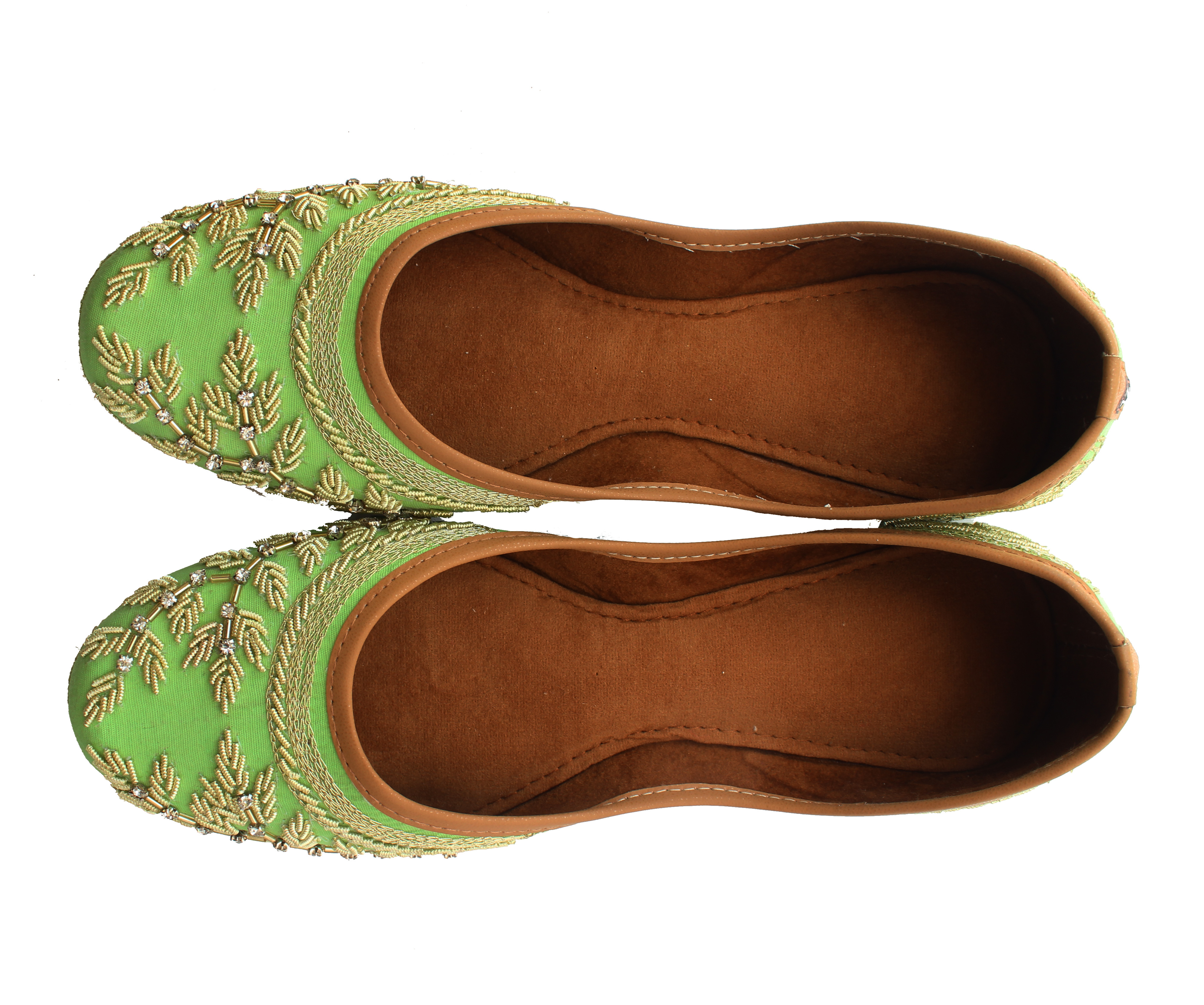Punjabi Jutti - Suede Material, Various Sizes , Green Color With Leather Sole And Beaded Embellishments