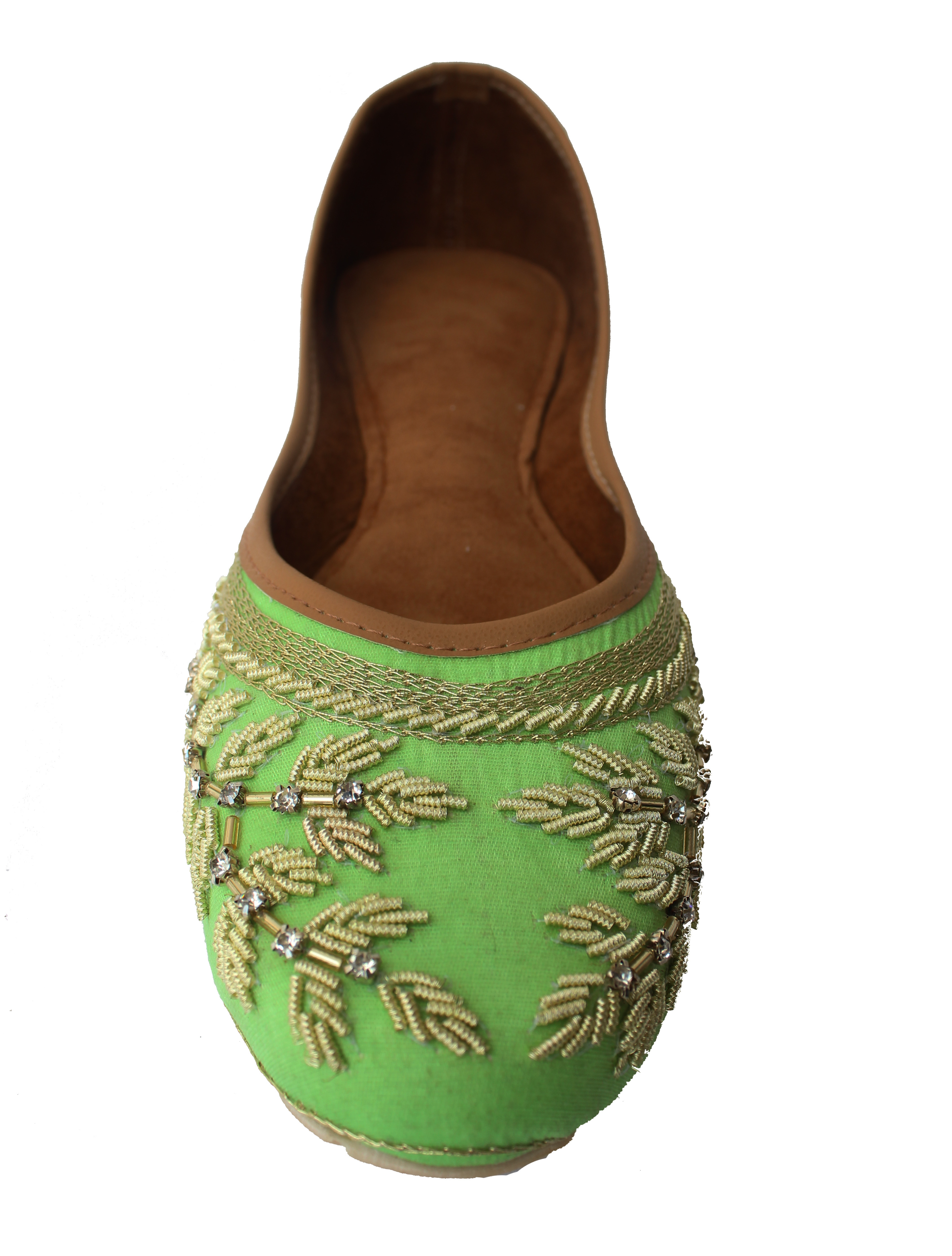 Punjabi Jutti - Suede Material, Various Sizes , Green Color With Leather Sole And Beaded Embellishments