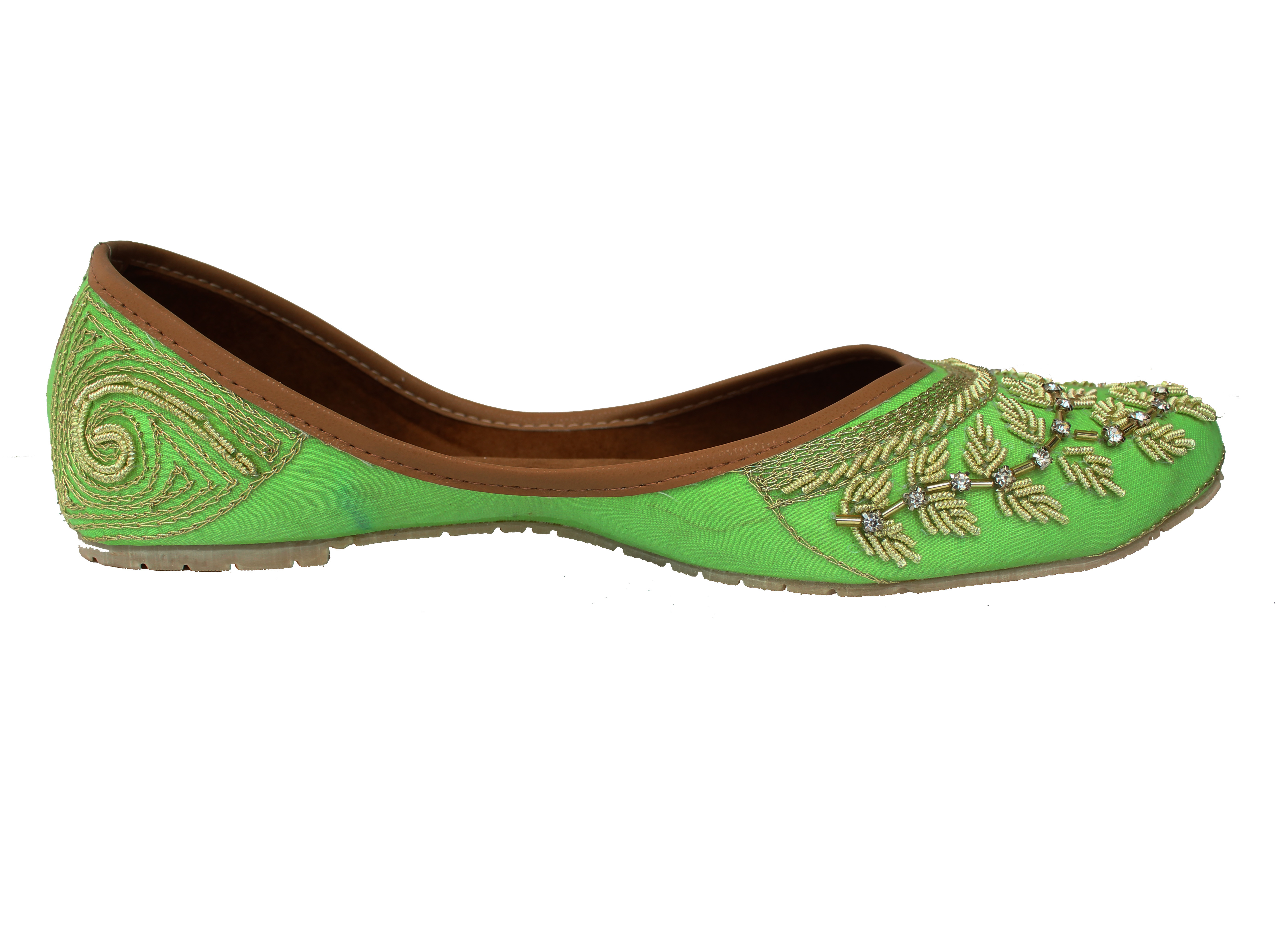 Punjabi Jutti - Suede Material, Various Sizes , Green Color With Leather Sole And Beaded Embellishments