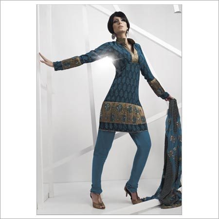 Blue Faux Georgette Churidar Kameez With Dupatta