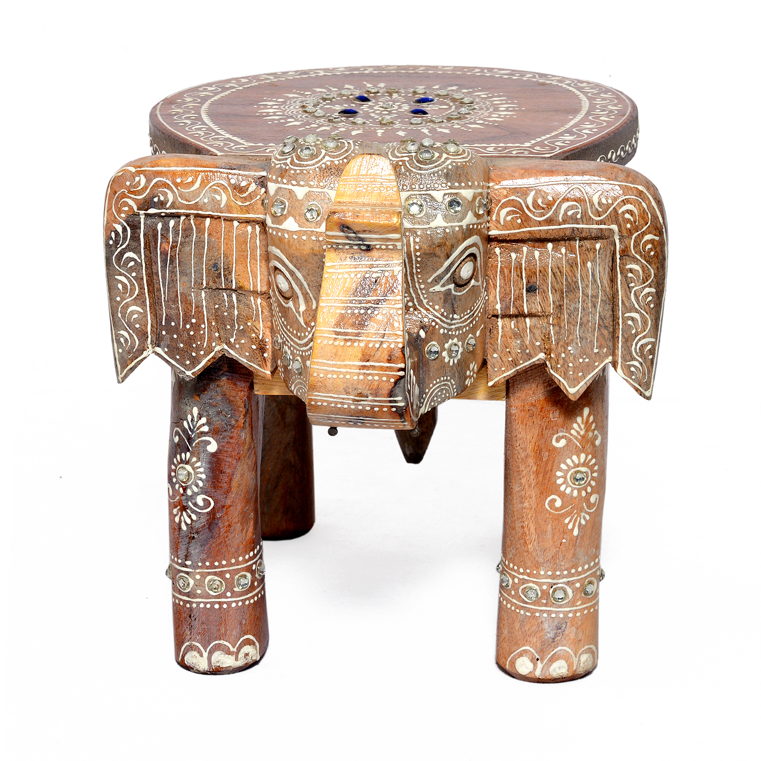 Wood Home Decorative Wooden Elephant Handcrafted White Stool