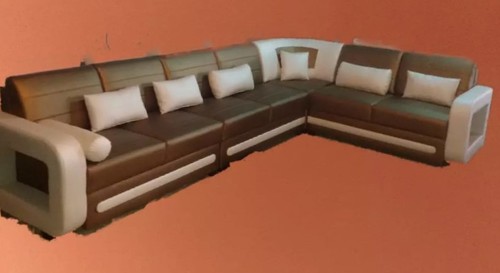 6 Seater Corner L Shape Sofa Set - Leatherette, Cream and Brown | Handmade Design, Durable, Eco-Friendly, 12 Months Warranty
