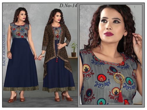 Parti Wear Kurti - Rayon Print Top, Muslin Skirt, Georgette Shrug | 52 Inches Length, Anti-Wrinkle, Breathable, Quick Dry, Washable
