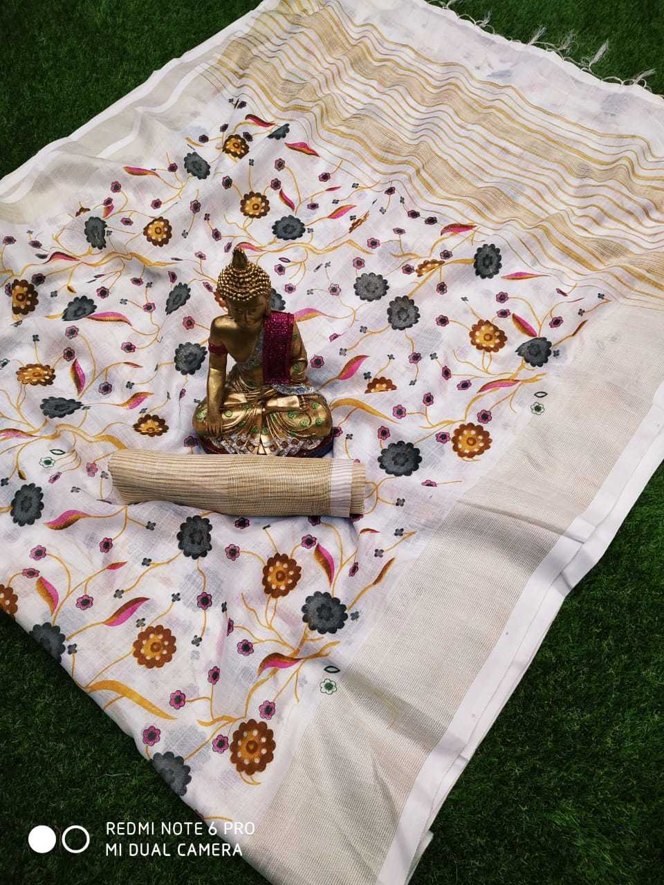 Designer Saree - Kolkata Linen Digital Print Saree With Lining Pallu & Contrast Blouse | Stylish Tunic, Easy Maintenance, All-season Wear