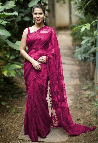 Designer Net Saree - Nylon Mono Net with Dupion Blouse, Trendy Color, Embroidered Pallu and Border, 6.30 Mtr Length, Ideal for Stylish Parties and Traditional Occasions