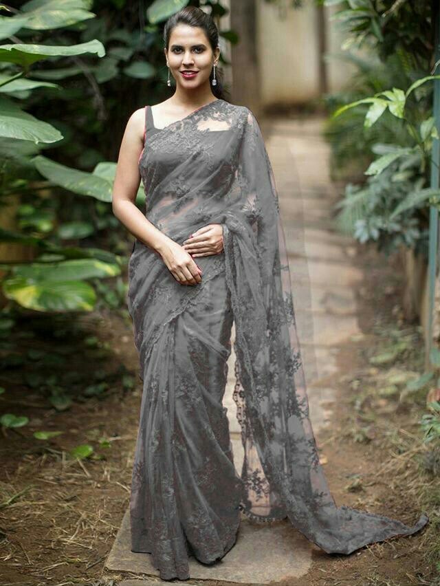 Designer Net Saree - Nylon Mono Net With Dupion Blouse, Trendy Color, Embroidered Pallu And Border, 6.30 Mtr Length, Ideal For Stylish Parties And Traditional Occasions
