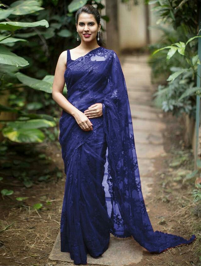 Designer Net Saree - Nylon Mono Net With Dupion Blouse, Trendy Color, Embroidered Pallu And Border, 6.30 Mtr Length, Ideal For Stylish Parties And Traditional Occasions