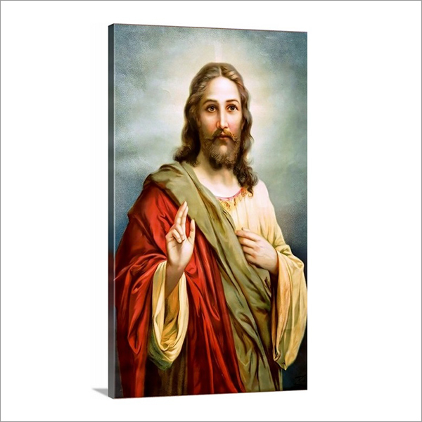 Wooden Brown Lord Jesus Painting Giving Blessings