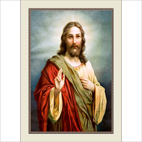 Wooden Brown Lord Jesus Painting Giving Blessings