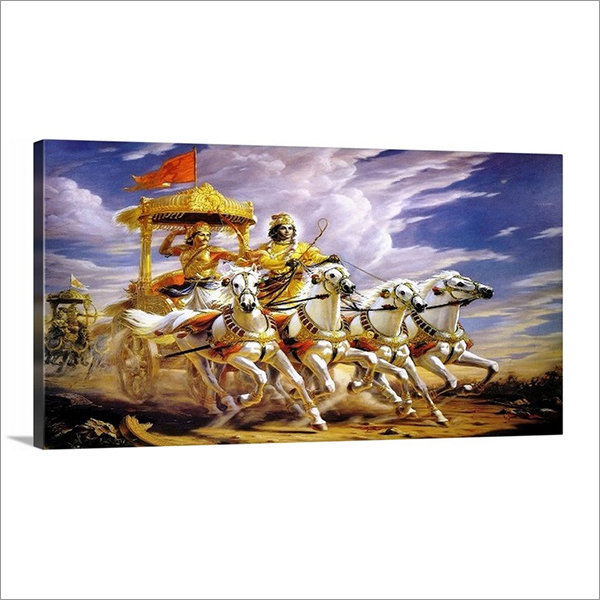 Mahabharat Arjun Rath Painting - 20x14 Inch Water Color, Wooden Brown Framed Traditional Design On Canvas