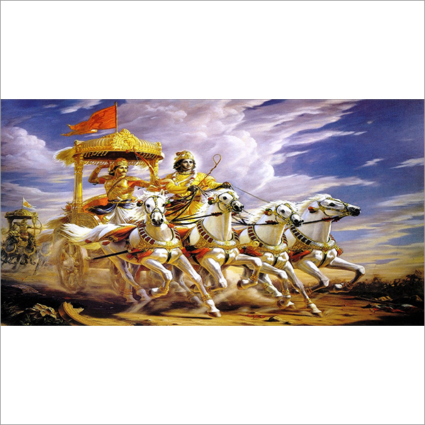 Mahabharat Arjun Rath Painting - 20x14 Inch Water Color, Wooden Brown Framed Traditional Design On Canvas