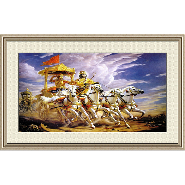 Mahabharat Arjun Rath Painting - 20x14 Inch Water Color, Wooden Brown Framed Traditional Design On Canvas