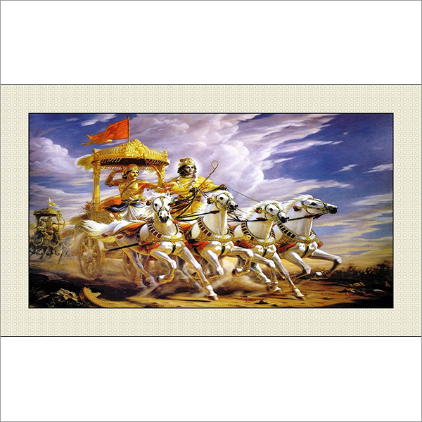 Mahabharat Arjun Rath Painting - 20x14 Inch Water Color, Wooden Brown Framed Traditional Design On Canvas