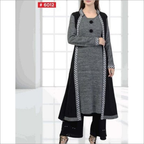 Ladies Long Woolen Kurti - Woolen, Customized to XXL, Black and Gray | No Fade, Quick Dry, Plus Size, Long Sleeve, Washable, Attached Shrug