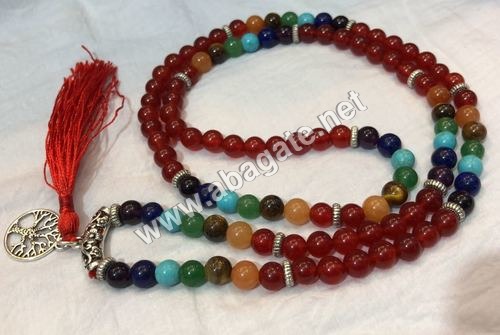 Red Carnelian Seven Chakra Mala - Agate, 8 mm, Multicolor | AAA Grade, Round Brilliant Cut, Mineral Gemstones
