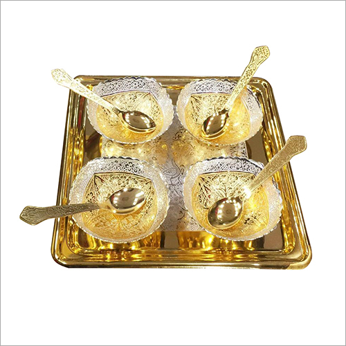Brass Bowl Dinner Set - Premium Quality Brass, Mirror Katori & Dining Spoon | Modern Indian Style, Polished Golden Finish, Elegant Serving Tray