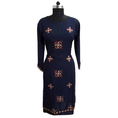 Ladies Designer Kurti - Rayon, Plus Size (S, M, L, XL, XXL, XXXL), Blue | Embroidered, Long Sleeve, Washable, Breathable, Suitable for Rainy and Winter Seasons
