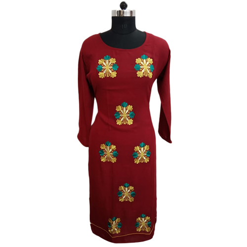 Ladies Printed Kurti - Cotton, Available in Sizes S, M, L, XL, XXL, XXXL, Red Color | Long Sleeve, Embroidered Pattern, Breathable and Washable, Ideal for Winter and Rainy Seasons