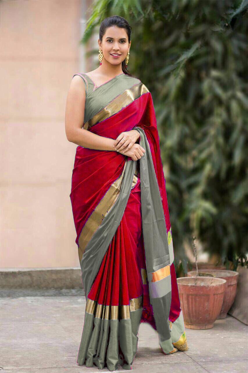 Designer Cotton Silk Saree - 5.50 Mtr Length With 0.80 Mtr Blouse | Multi Color, Plain Pattern, Party Wear For All Seasons
