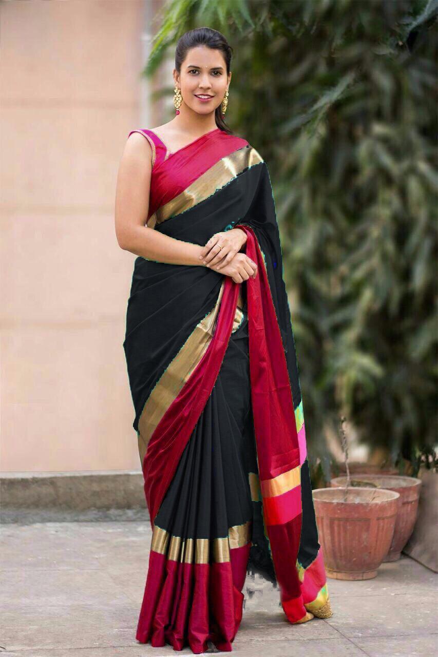 Designer Cotton Silk Saree - 5.50 Mtr Length With 0.80 Mtr Blouse | Multi Color, Plain Pattern, Party Wear For All Seasons