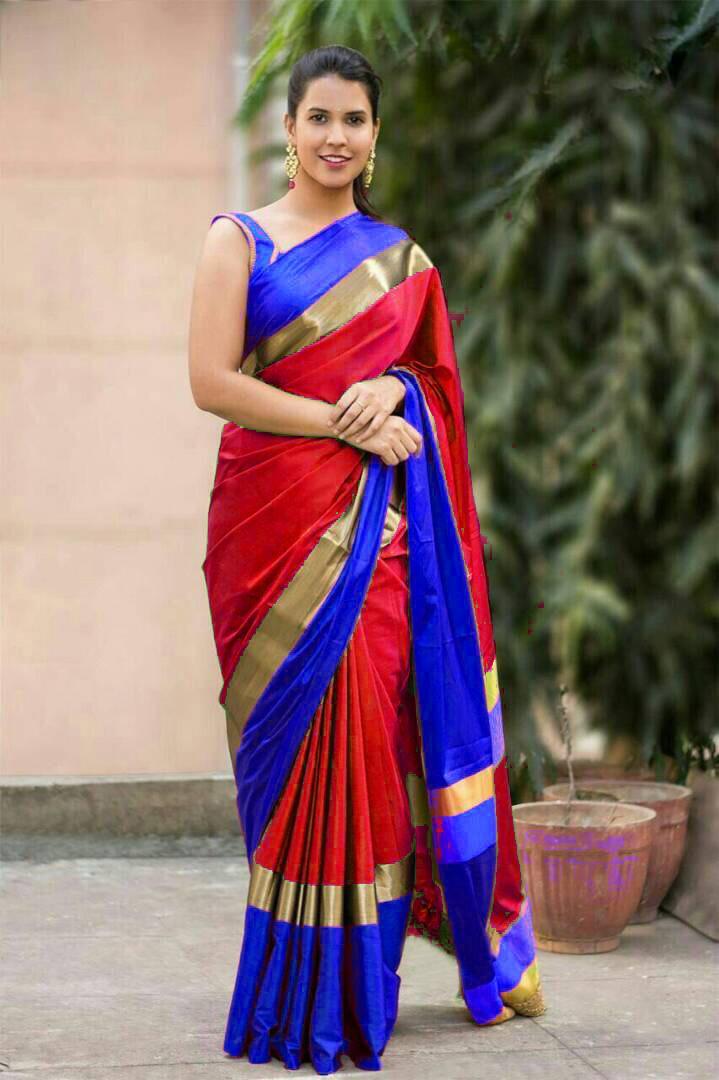 Designer Cotton Silk Saree - 5.50 Mtr Length With 0.80 Mtr Blouse | Multi Color, Plain Pattern, Party Wear For All Seasons