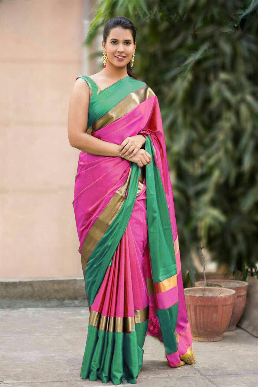 Designer Cotton Silk Saree - 5.50 Mtr Length With 0.80 Mtr Blouse | Multi Color, Plain Pattern, Party Wear For All Seasons