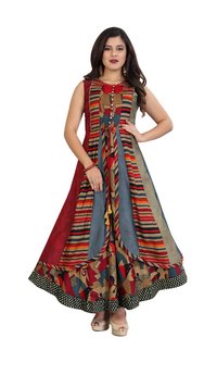 भूरी/पीला/ग्रे लेडीज़ अनारकली कुर्ती