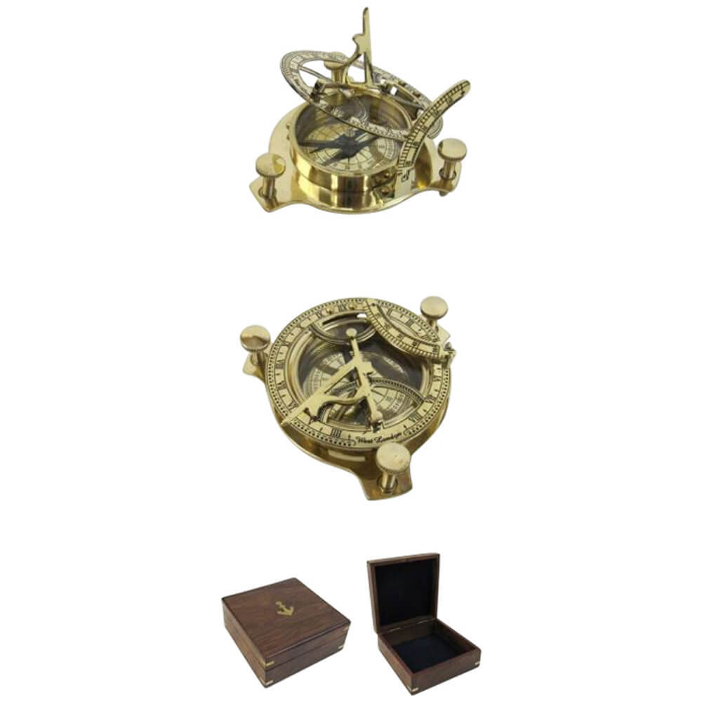 Folding Brass Sun Dial Compass With Wooden Case