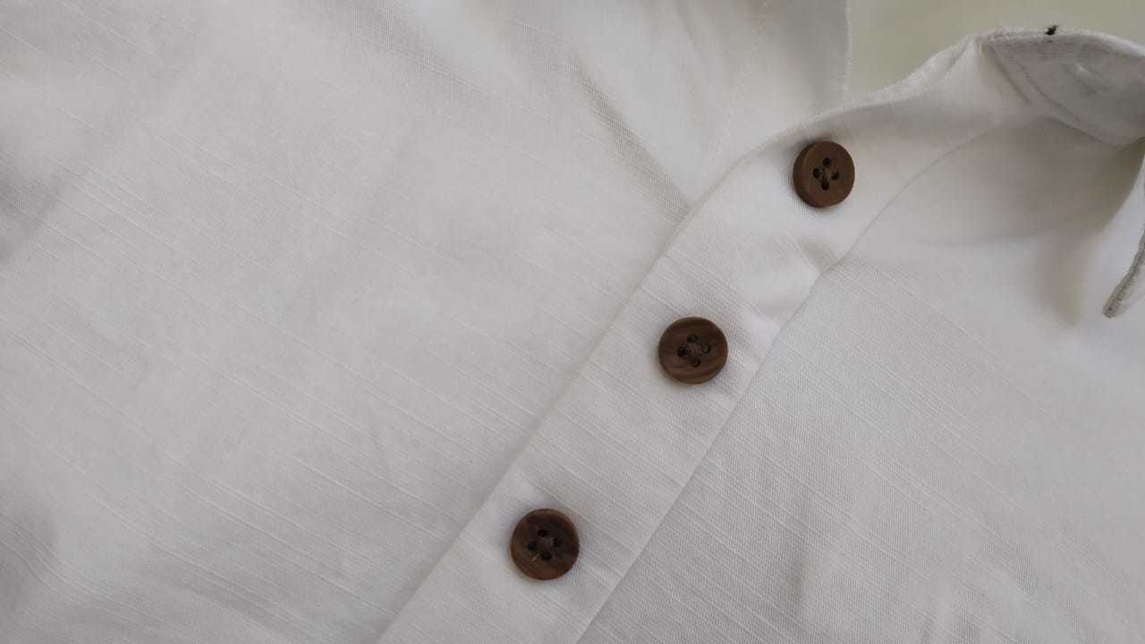 Designer Shirt - Cotton Linen Look, Sizes M L Xl, Classic Collar, White Color, Full Sleeves, Summer Woven Pattern, Plain Dyed, Logo Embellished