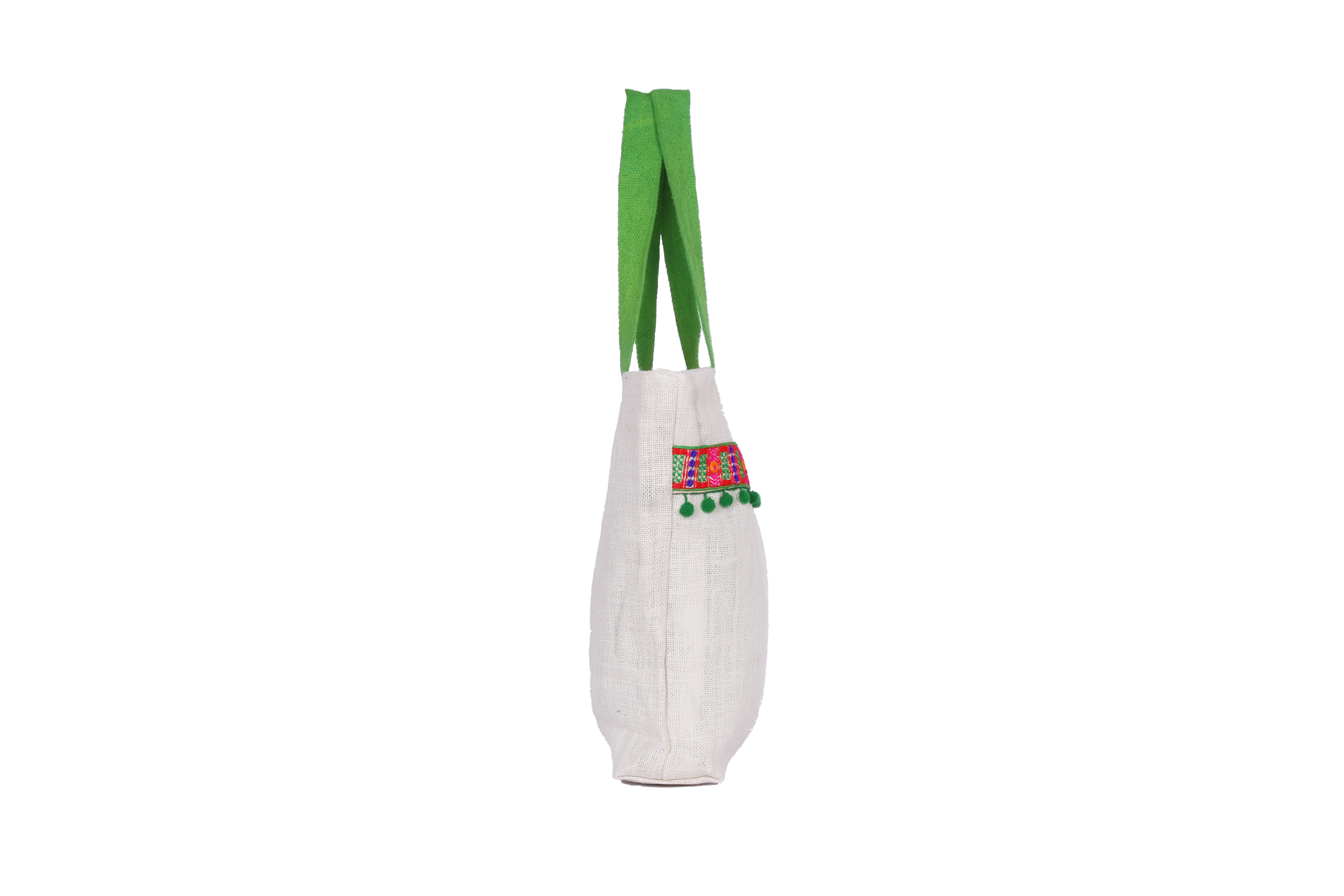 White Jute Tote - Jute Material, 36.5x10x38.5 Cm, White With Green Lace | Stylish Ethnic-modern Design, Zipper Closure, 2 Compartments, Eco-friendly