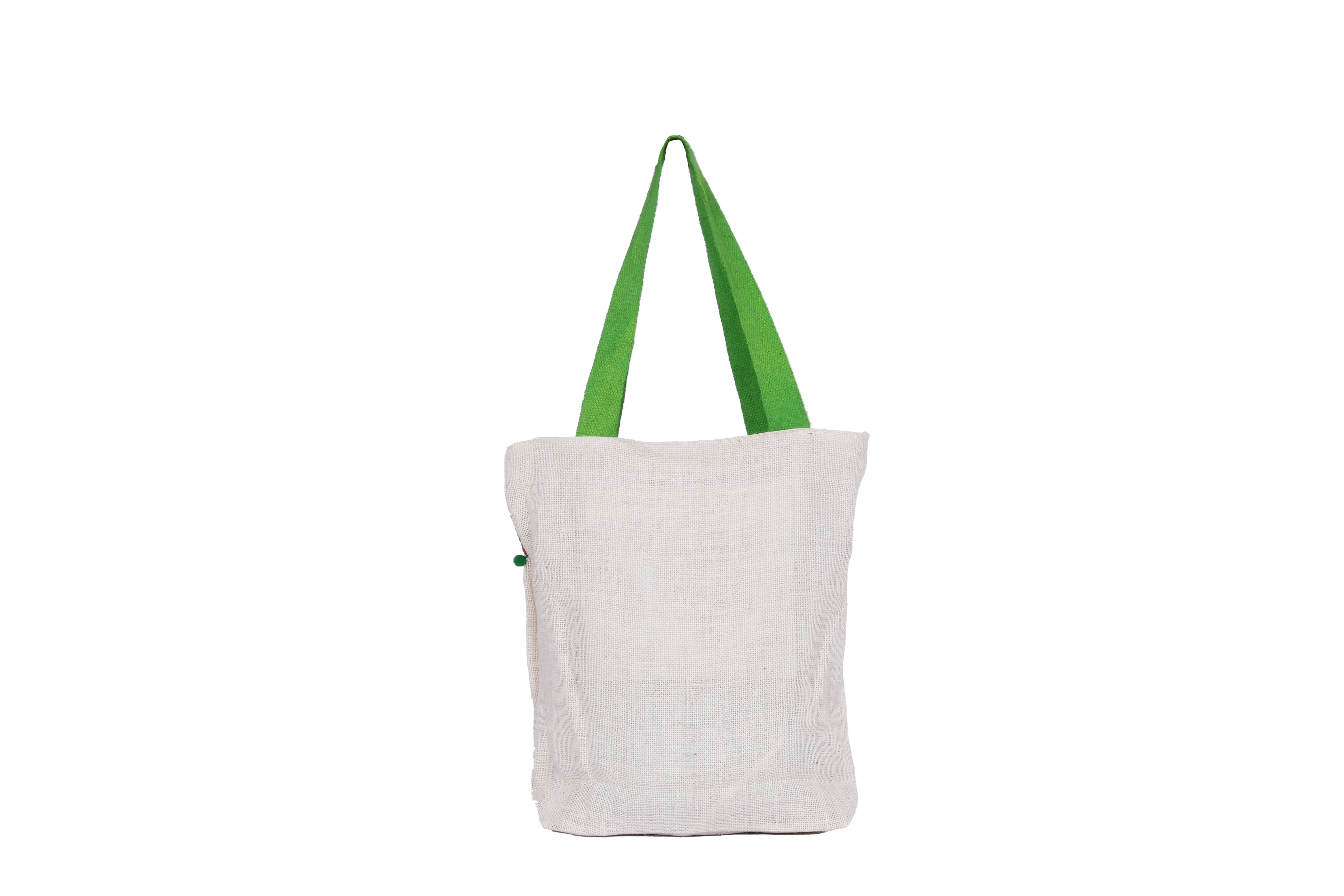 White Jute Tote - Jute Material, 36.5x10x38.5 Cm, White With Green Lace | Stylish Ethnic-modern Design, Zipper Closure, 2 Compartments, Eco-friendly