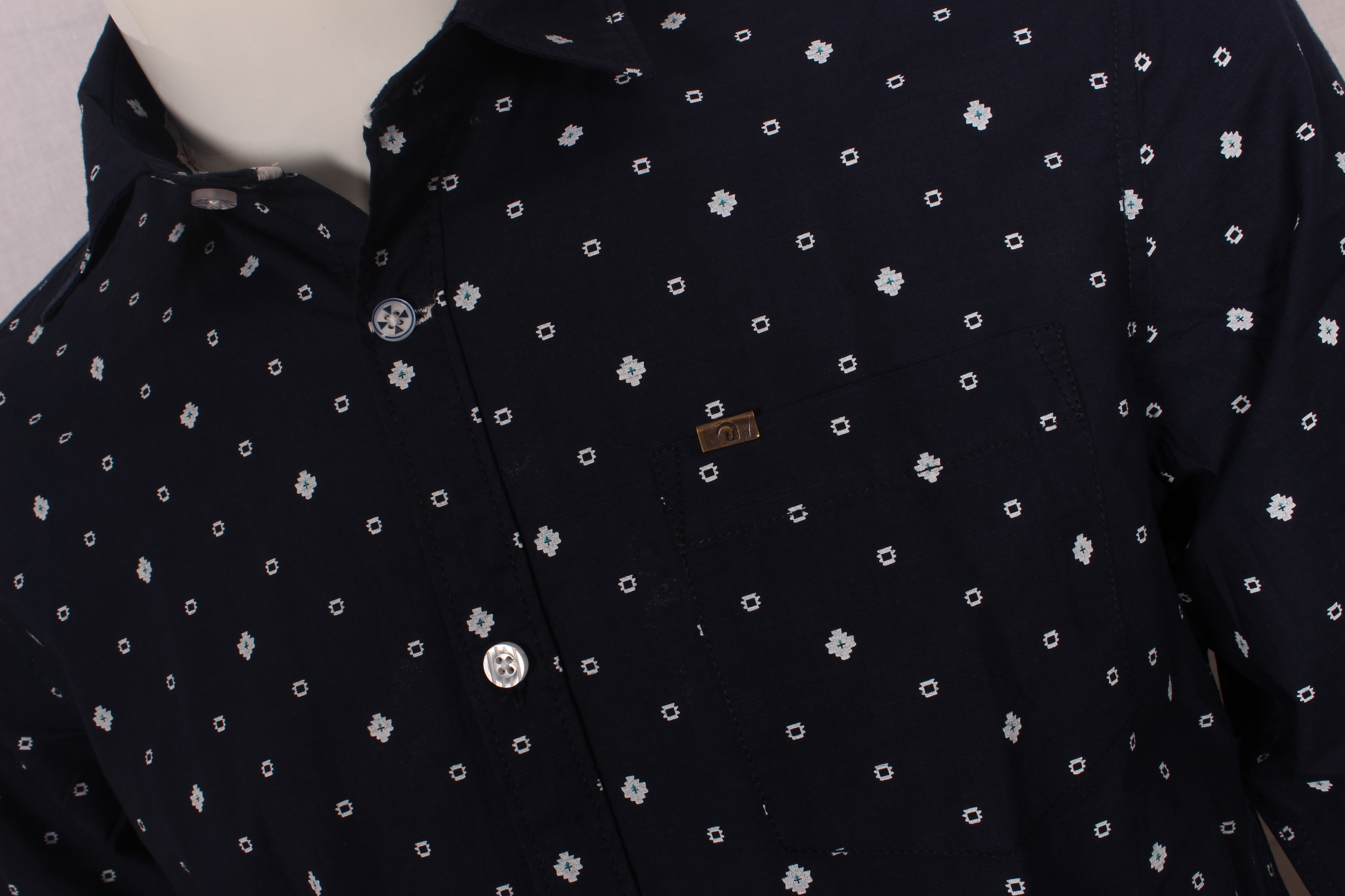 Printed Cotton Shirt - Navy Flower Print, Classic Collar, Full Sleeves For Summer Wear