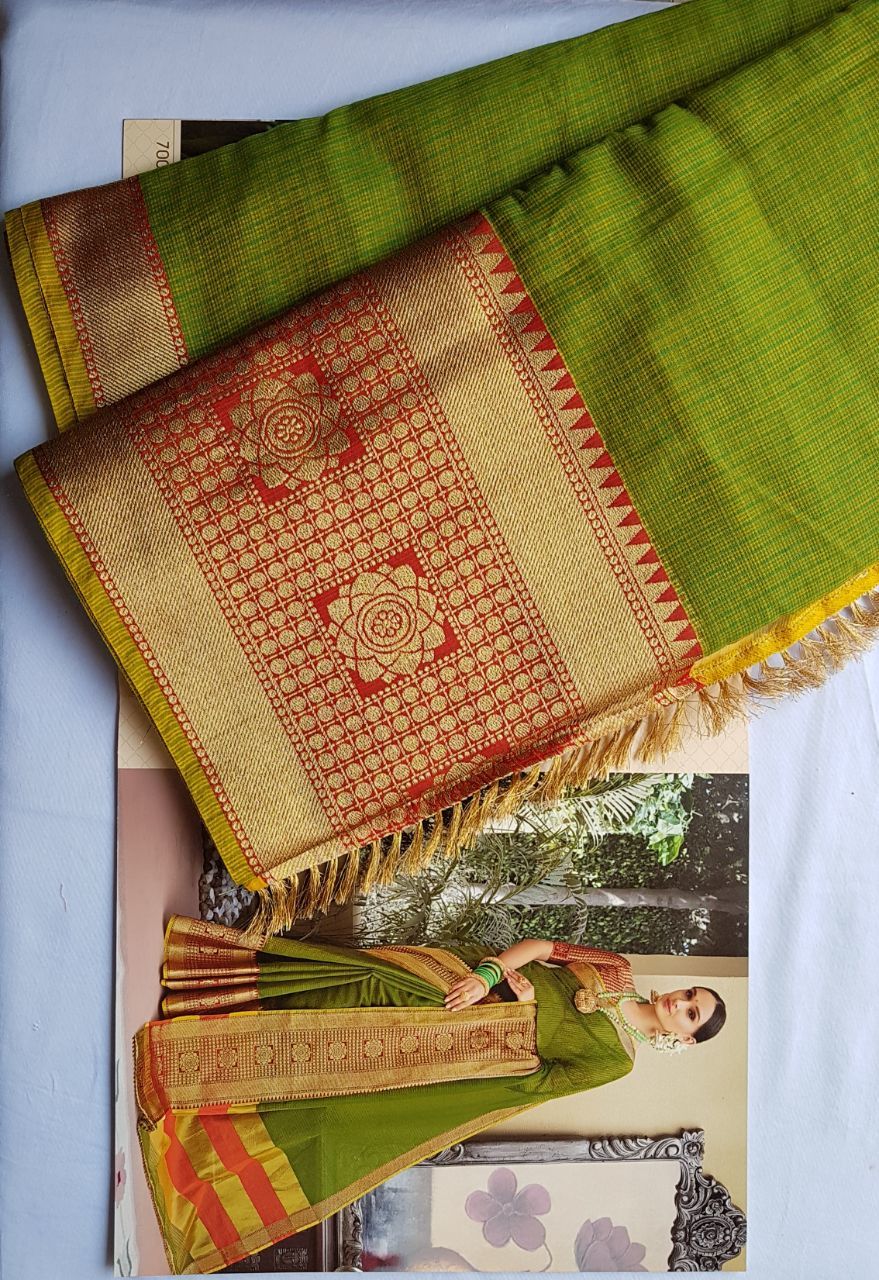 Kota Doria Saree - Big Size Jacquard Weaving Border, Stylish Tunic Blouse With Full Weaving Patterns, Trendy Color For Traditional Party Wear