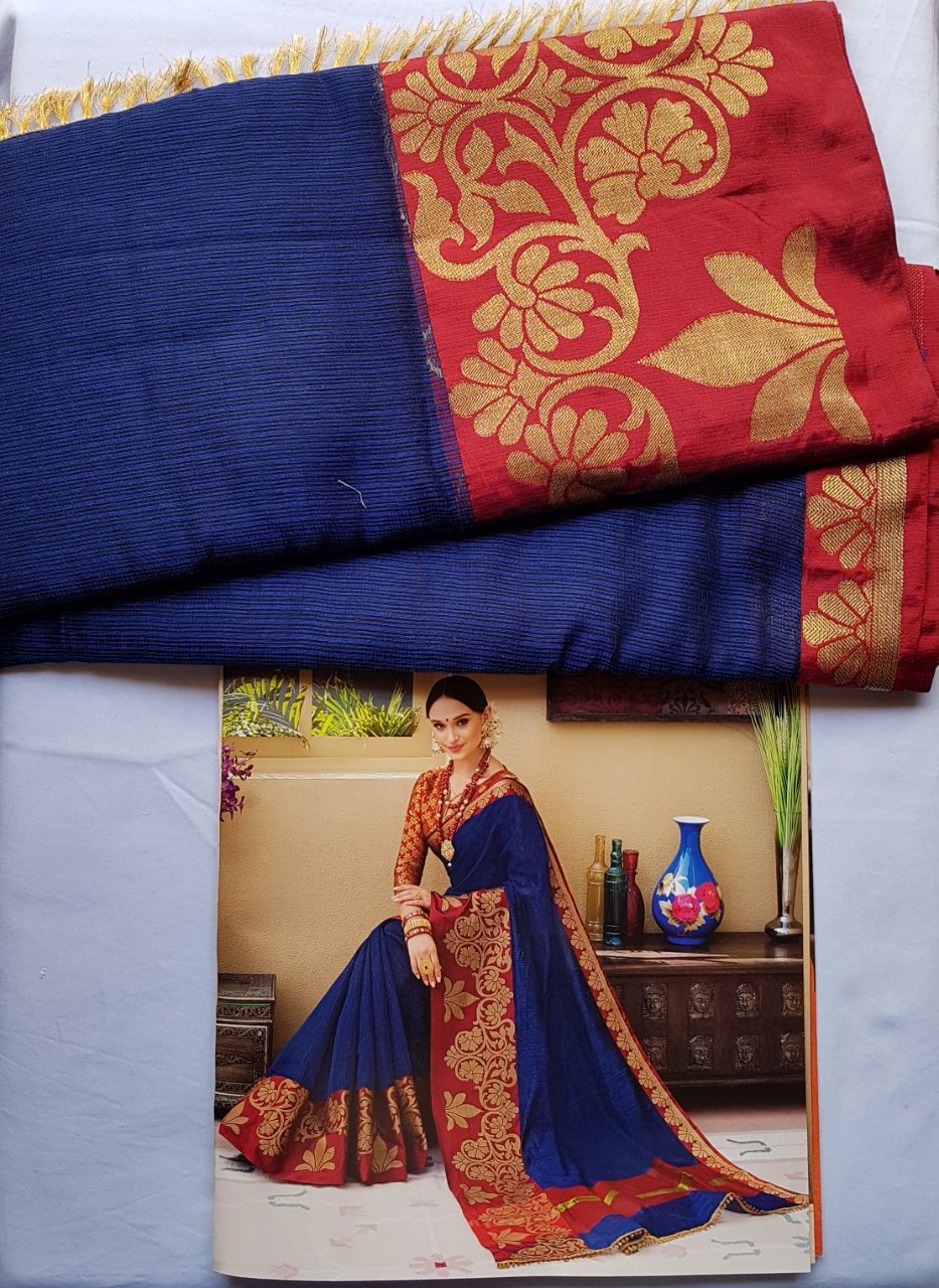 Kota Doria Saree - Big Size Jacquard Weaving Border, Stylish Tunic Blouse With Full Weaving Patterns, Trendy Color For Traditional Party Wear