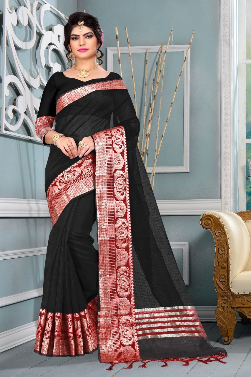 Kota Doria Saree - Big Size Jacquard Weaving Border, Stylish Tunic Blouse With Full Weaving Patterns, Trendy Color For Traditional Party Wear