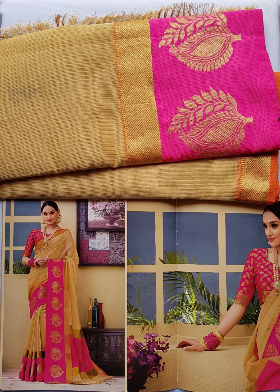 Kota Doria Saree - Big Size Jacquard Weaving Border, Stylish Tunic Blouse With Full Weaving Patterns, Trendy Color For Traditional Party Wear